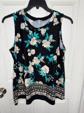 EUC white birch Black Tank with Floral Accents
